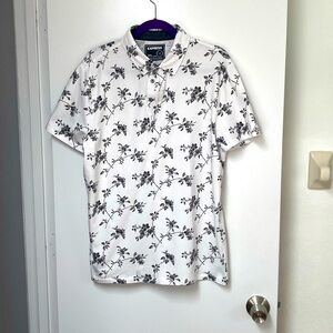 Express Men’s Large Stretch Moisture Wicking White Polo with gray flower print